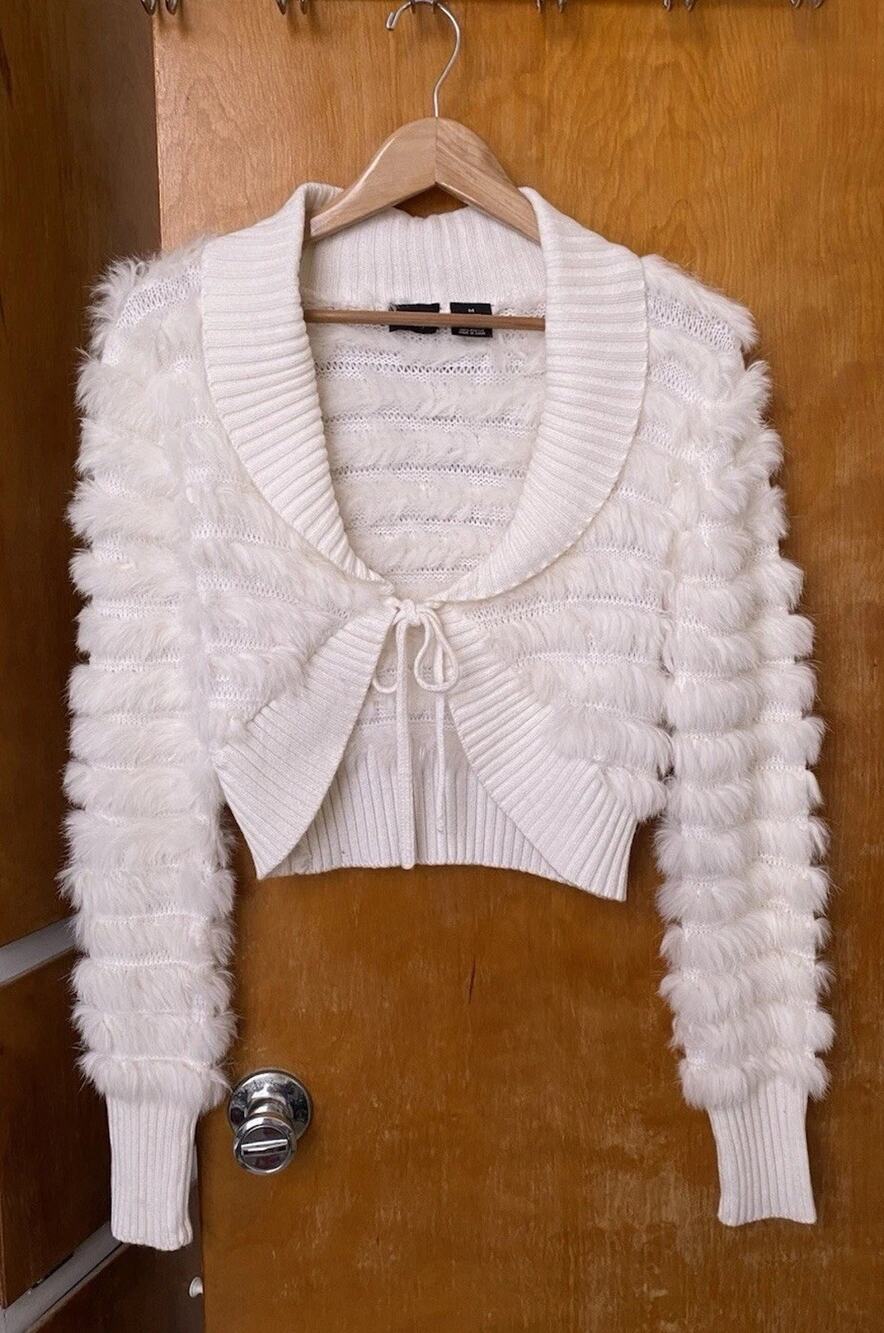 Vintage Y2K Rabbit Fur Pinup Cardigan Tie Shrug Bolo Ballet Coquette Girly Sz M